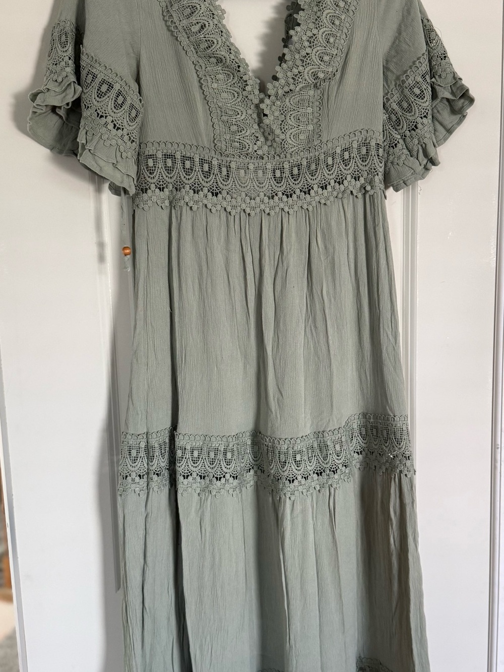 RILEY & JAMES Boutique Boho Sage Green Crochet Trim Maxi Dress